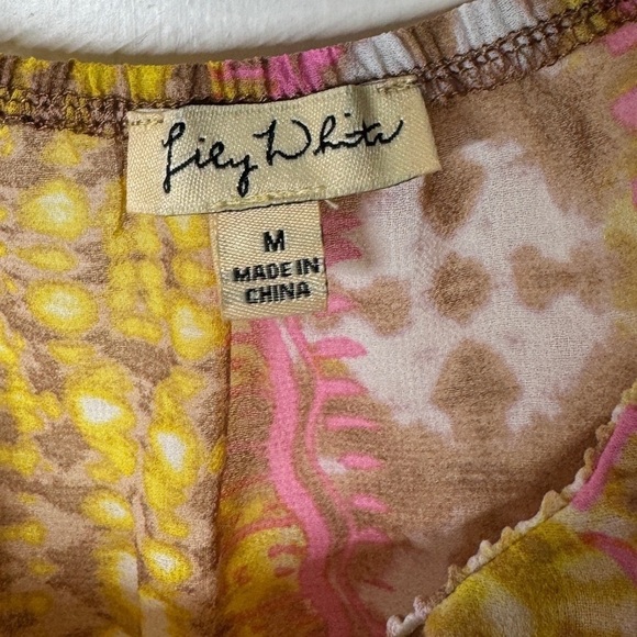 Lily White Semi Sheer Reptile Snake Print Pink White Yellow Ruffle Blouse Top M - Picture 12 of 13